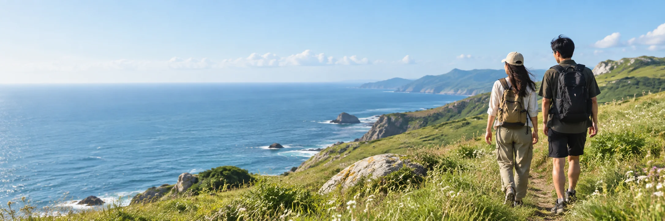 两位年轻人沿着海岸草地走向远方