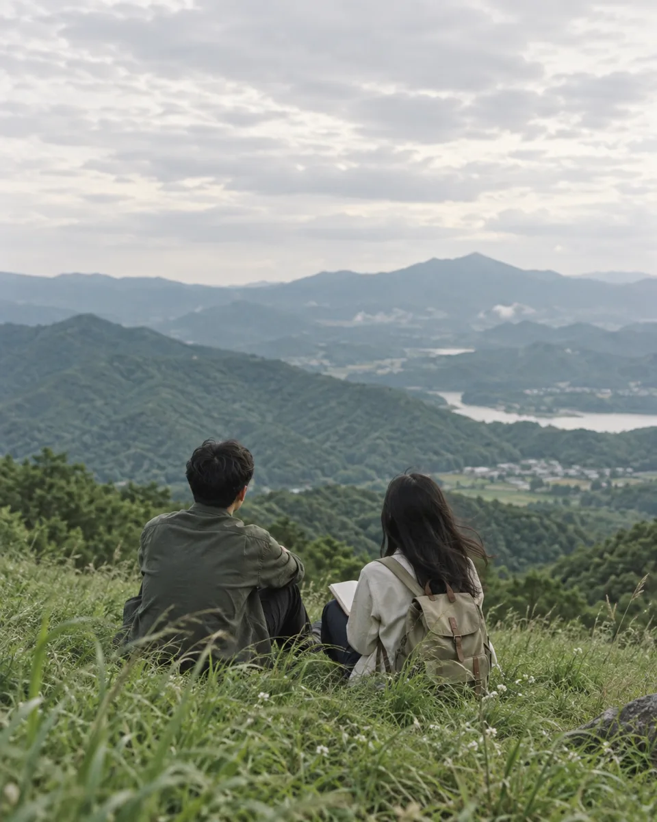 两位年轻人在绿色山坡上休息，望向远山